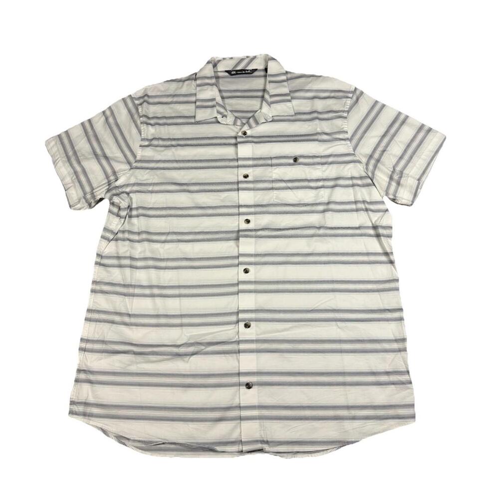 Travis Mathew Short Sleeve Button Up Shirt Stripes White Men’s 2XL XXL‎ 03/22